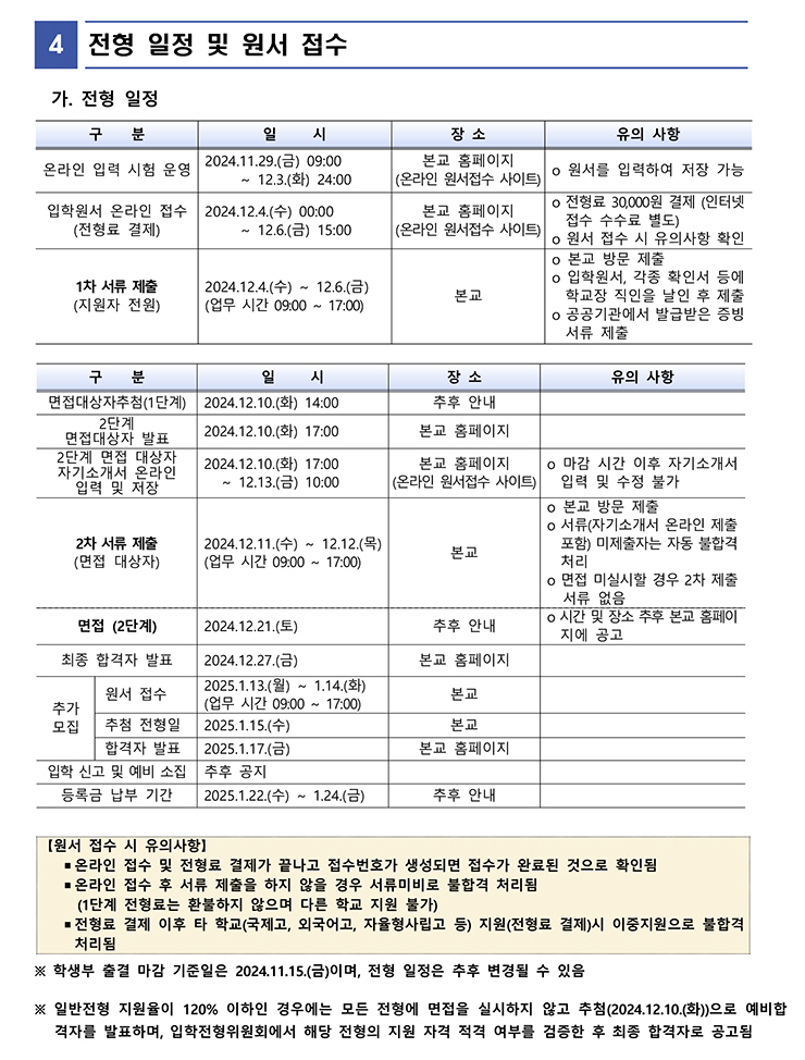 전형일정 및 원서접수